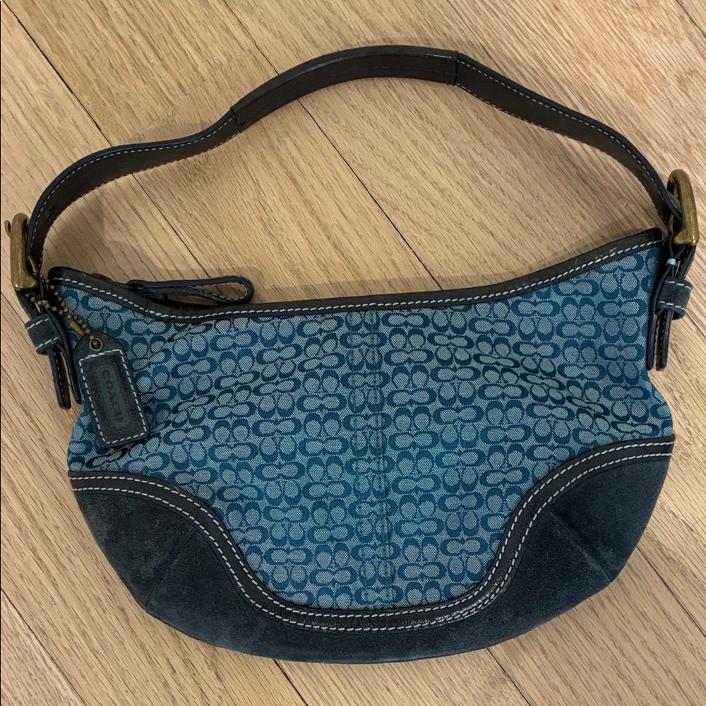 Coach Blue Signature Canvas Shoulder Bag with Suede Trim